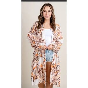 Lush Kimono Duster Women Medium Orange Brown Abstract Cotton Excellent T17316-1